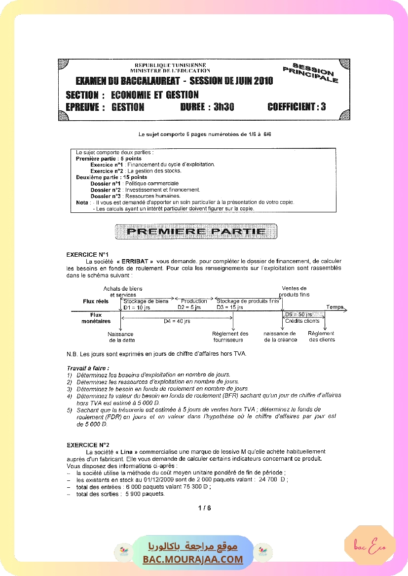 Sujet principale gestion Bac 2010 – Section eco